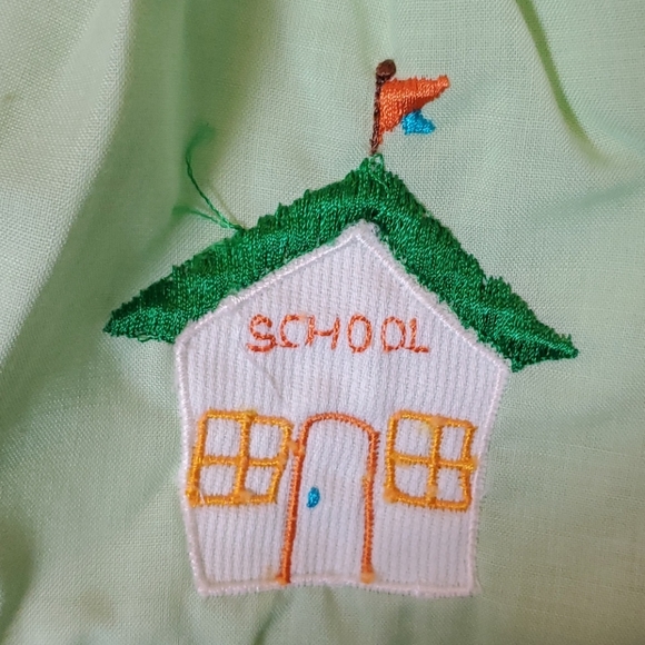 Vtg green 2 pc baby outfit, school bus, ? 6-9 mos - Picture 3 of 7